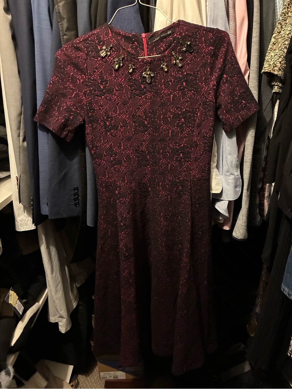 Zara Wine Lace Midi Dress with Jeweled Neckline